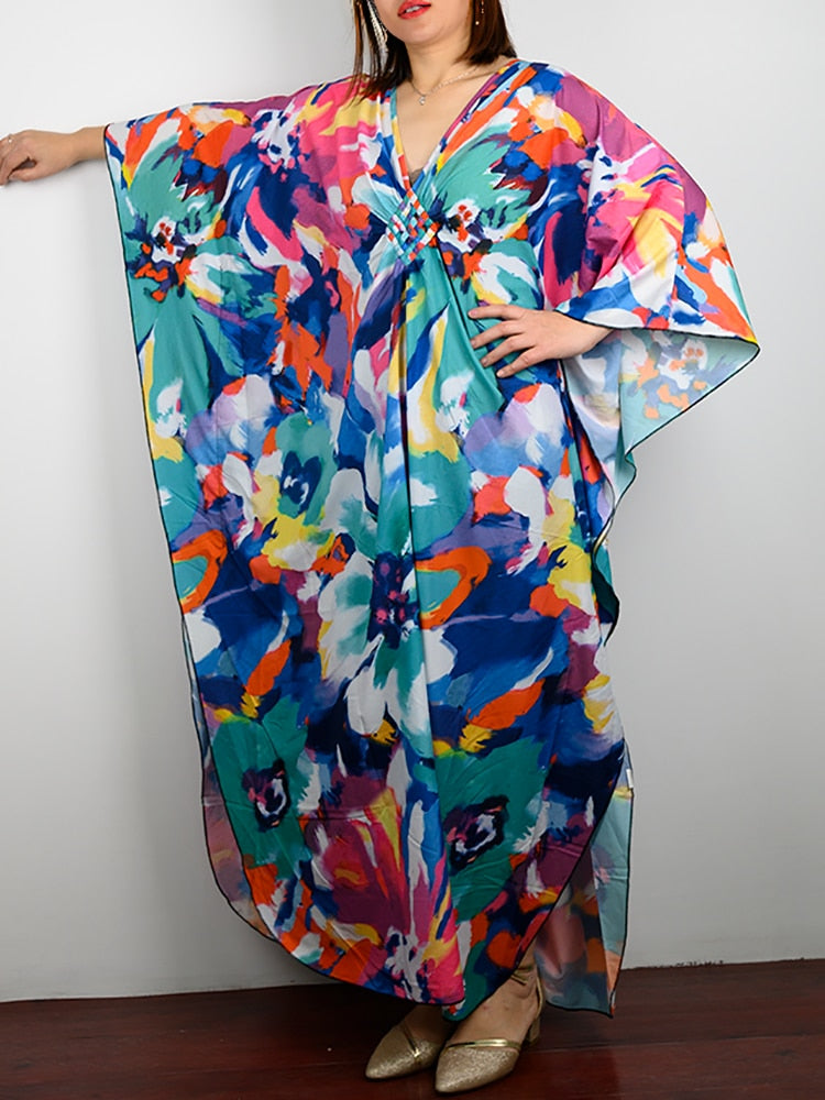 Floral Print Swimsuit Cover Up Robe De Plage Summer Bohemian Dress Loose Beachwear Cover-ups Beach Kaftan Pareo Dress Color 004 One Size