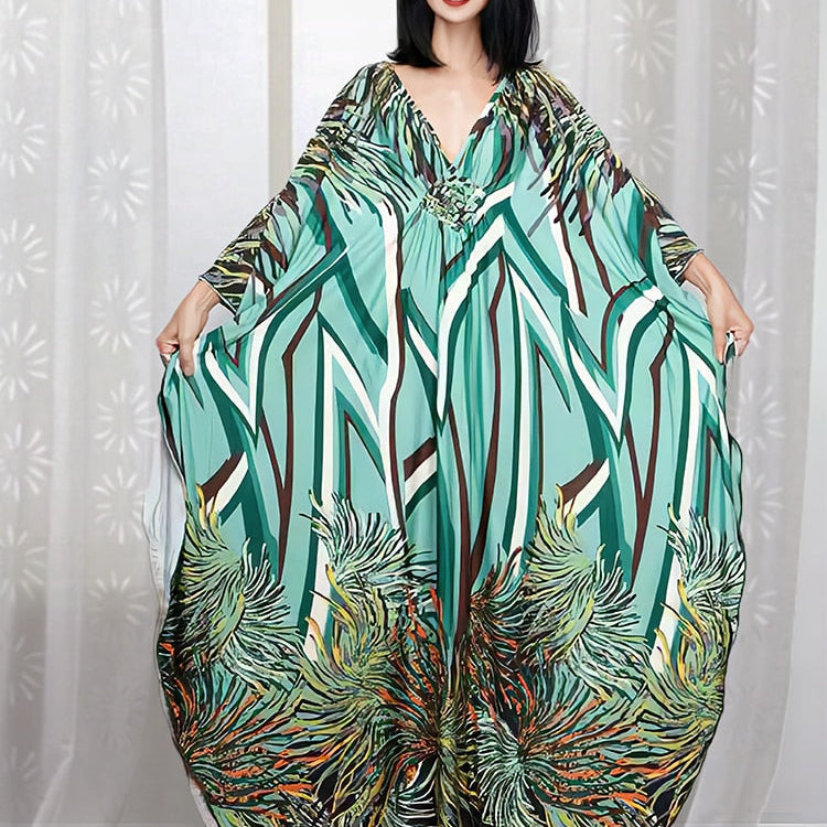 Floral Print Swimsuit Cover Up Robe De Plage Summer Bohemian Dress Loose Beachwear Cover-ups Beach Kaftan Pareo Dress Color 014 One Size