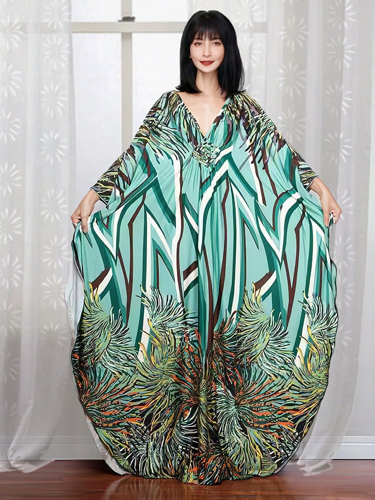 Floral Print Swimsuit Cover Up Robe De Plage Summer Bohemian Dress Loose Beachwear Cover-ups Beach Kaftan Pareo Dress Color 014 One Size