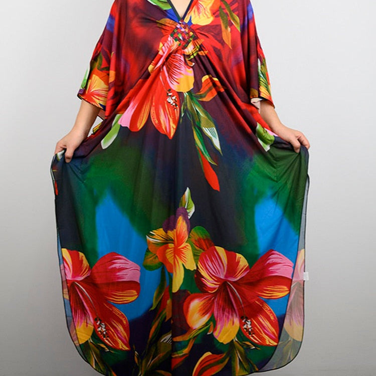 Floral Print Swimsuit Cover Up Robe De Plage Summer Bohemian Dress Loose Beachwear Cover-ups Beach Kaftan Pareo Dress Color 002 One Size