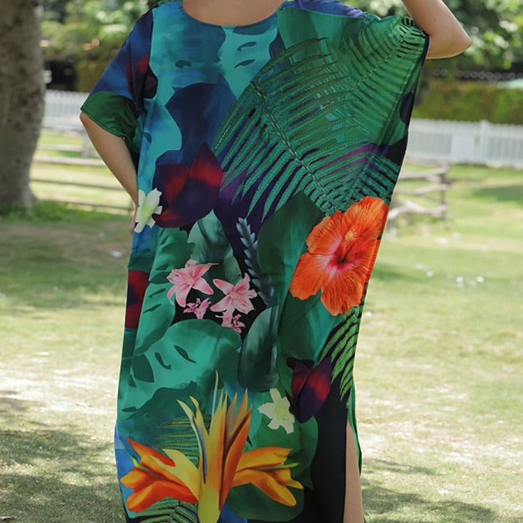 Floral Print Swimsuit Cover Up Robe De Plage Summer Bohemian Dress Loose Beachwear Cover-ups Beach Kaftan Pareo Dress