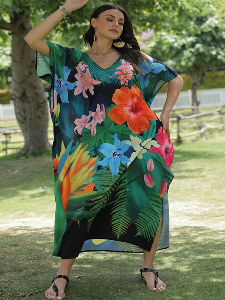 Floral Print Swimsuit Cover Up Robe De Plage Summer Bohemian Dress Loose Beachwear Cover-ups Beach Kaftan Pareo Dress
