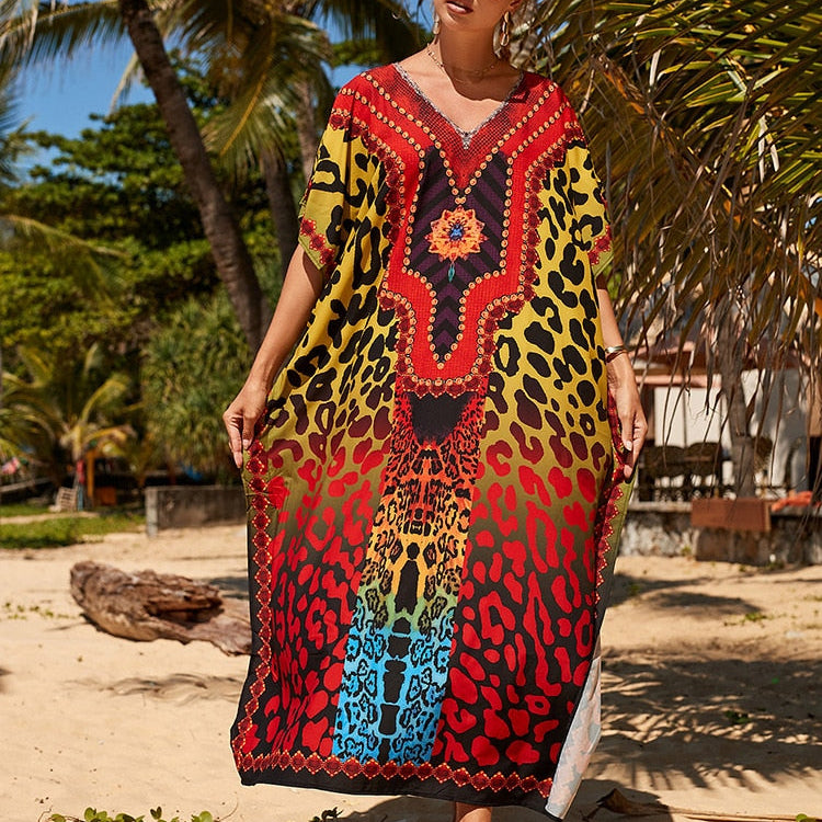 Floral Print Swimsuit Cover Up Robe De Plage Summer Bohemian Dress Loose Beachwear Cover-ups Beach Kaftan Pareo Dress Color 015 One Size