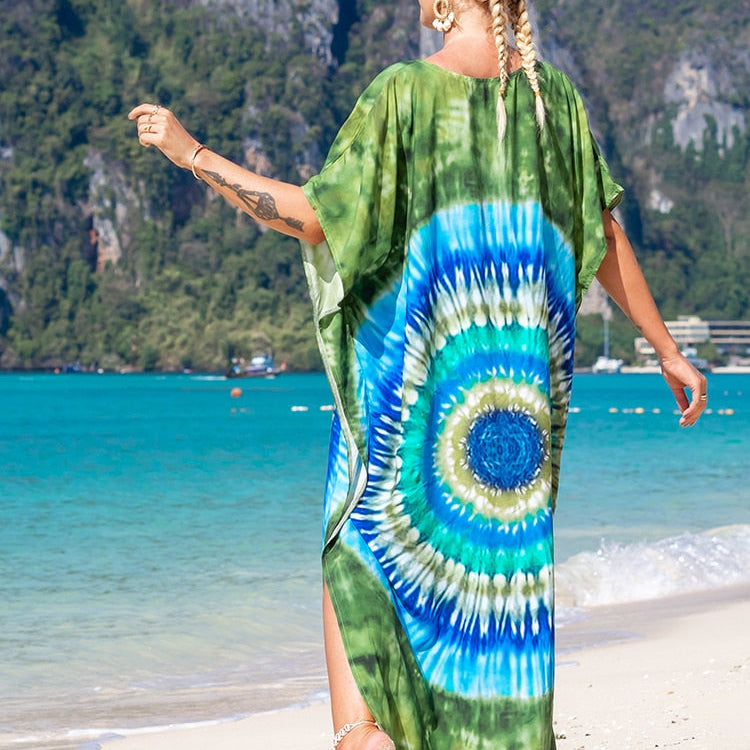 Floral Print Swimsuit Cover Up Robe De Plage Summer Bohemian Dress Loose Beachwear Cover-ups Beach Kaftan Pareo Dress Color 019 One Size