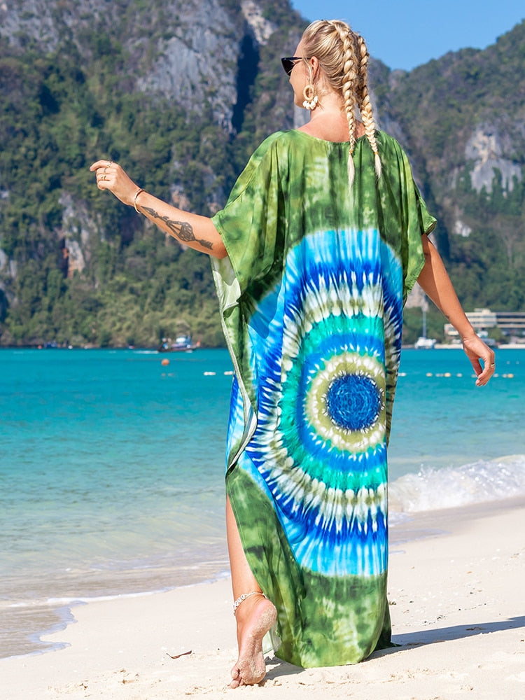 Floral Print Swimsuit Cover Up Robe De Plage Summer Bohemian Dress Loose Beachwear Cover-ups Beach Kaftan Pareo Dress Color 019 One Size