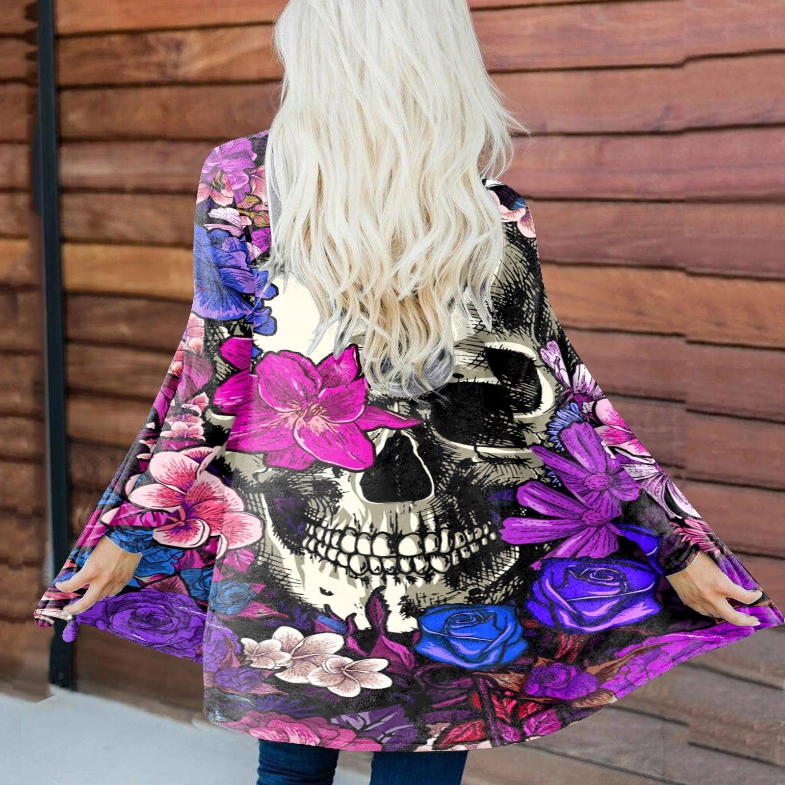 Floral Skull Print Cardigan Women Halloween Autumn Winter Casual Open Stitch Ladies Elegant Sweater Coat Casual Blouse Clothes Hot Pink
