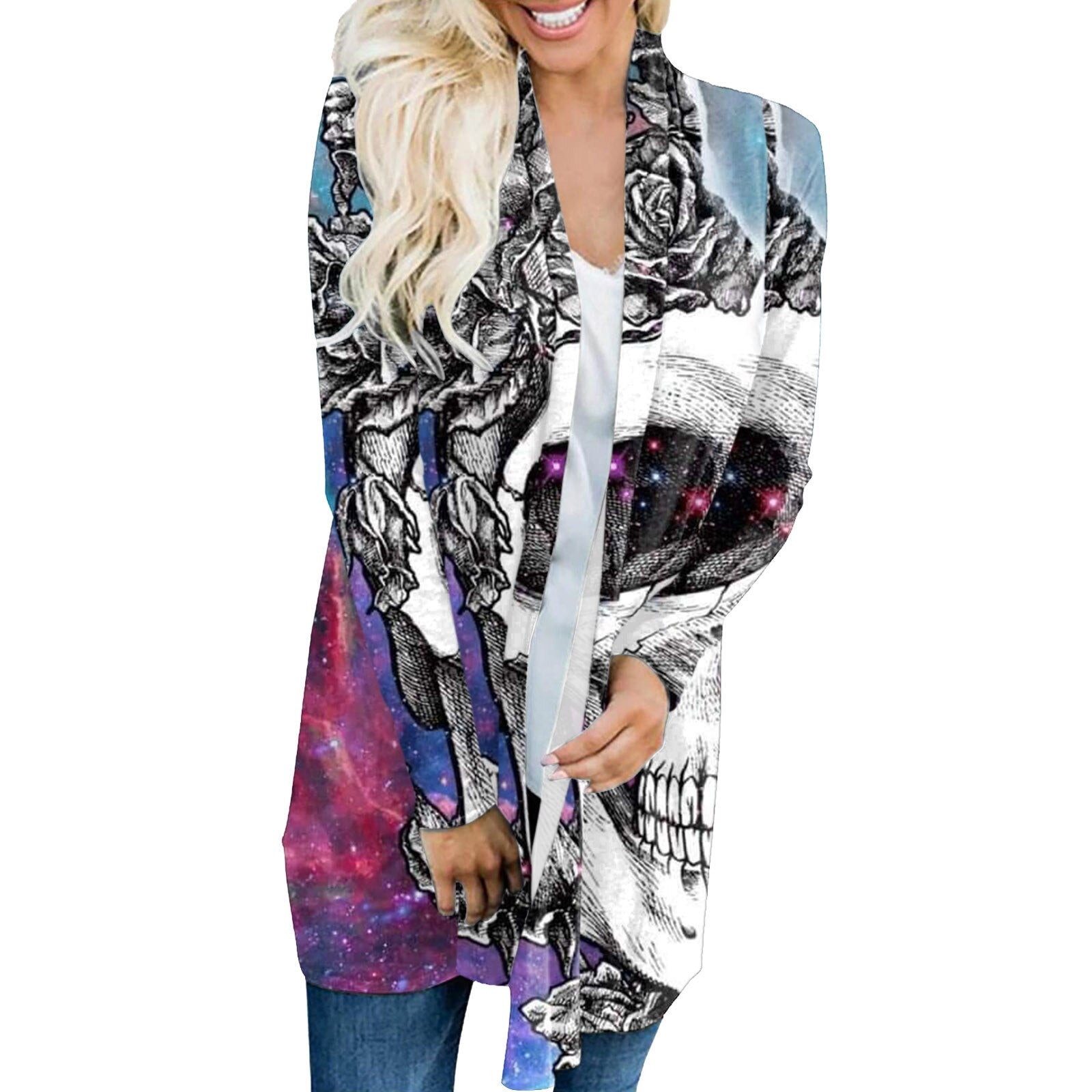 Floral Skull Print Cardigan Women Halloween Autumn Winter Casual Open Stitch Ladies Elegant Sweater Coat Casual Blouse Clothes