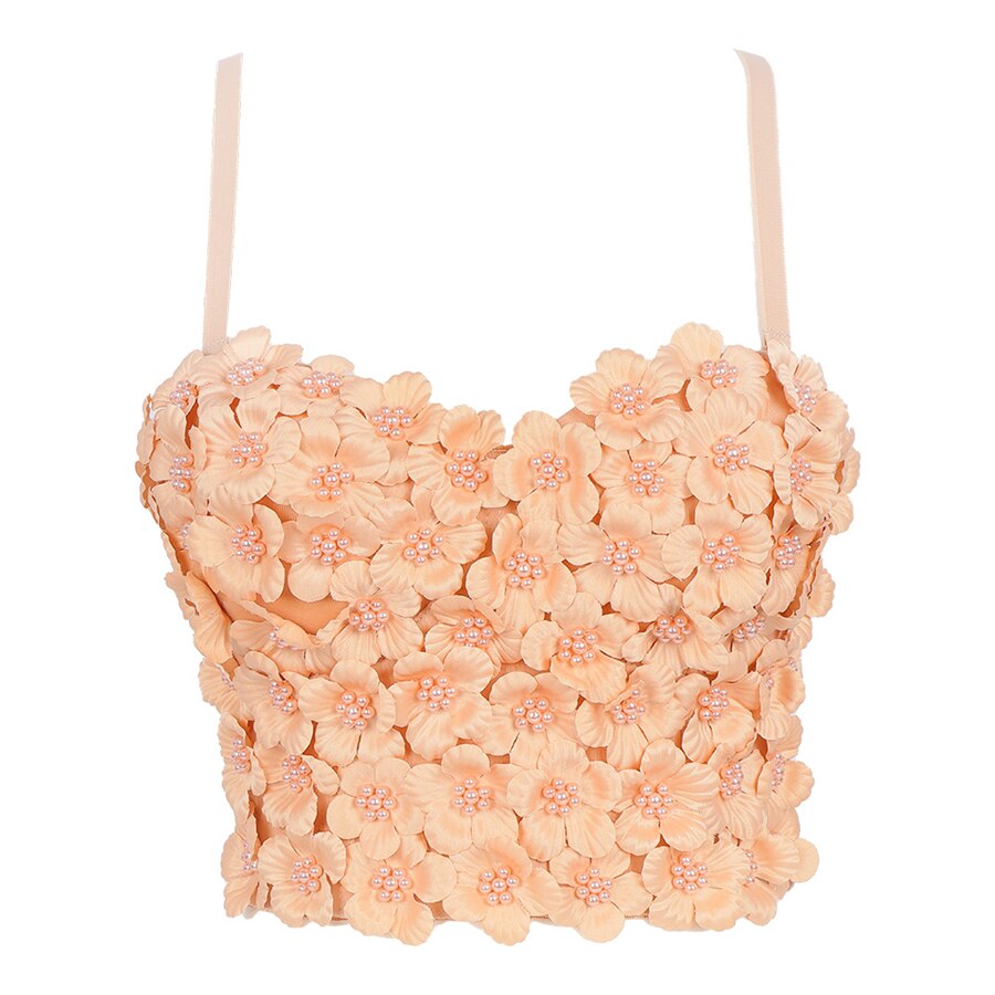 Flower Pearl Female Crop Top With Built In Bra Women Harajuku Backless Solid Party Club Push Up Bralette Clothing Yellow