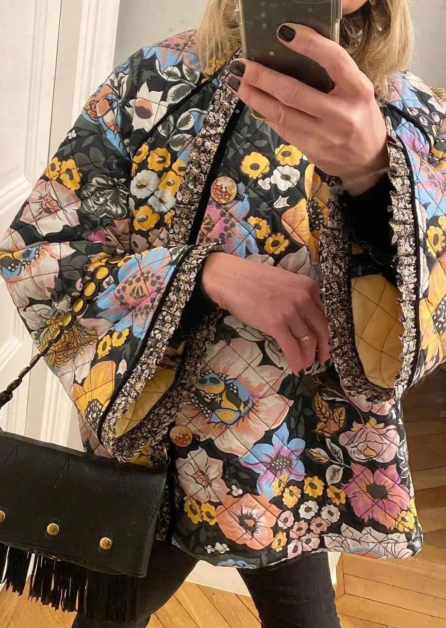 Flower Printed Spliced Coat Women Fashion Long Sleeve Thick Warm Cotton Jacket Casual Autumn Winter Female Streetwear