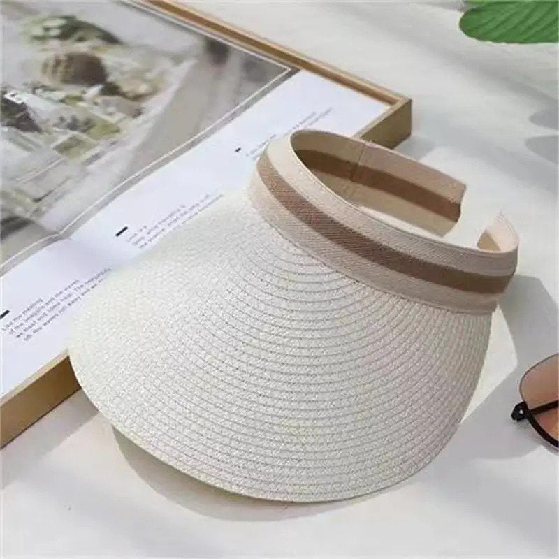 Foldable Straw Sun Visor for Women with Wide Brim Perfect for Outdoor Activities Beach and Picnics (White) Default Title