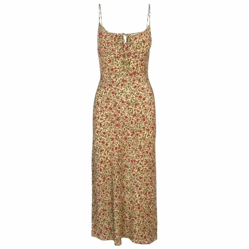 Foridol Strap Sleeveless Print Boho Summer Dress Long Green Floral Yellow Dress Long Style Khaki