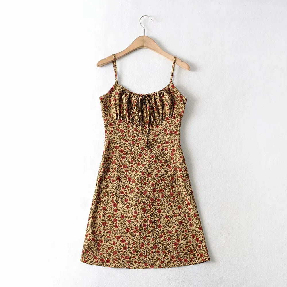 Foridol Strap Sleeveless Print Boho Summer Dress Long Green Floral Yellow Dress Mini Style Khaki