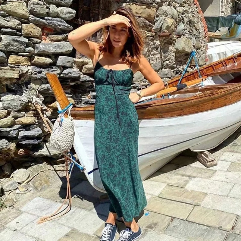 Foridol Strap Sleeveless Print Boho Summer Dress Long Green Floral Yellow Dress