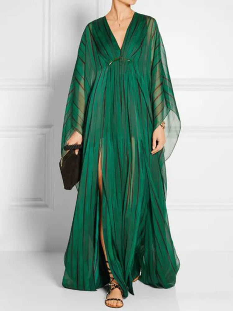 Freeacy Female 2024 New Deep V-Neck Long Sleeves Loose Dress Striped Split-Front Maxi Dresses For Women Elegant Party Dress
