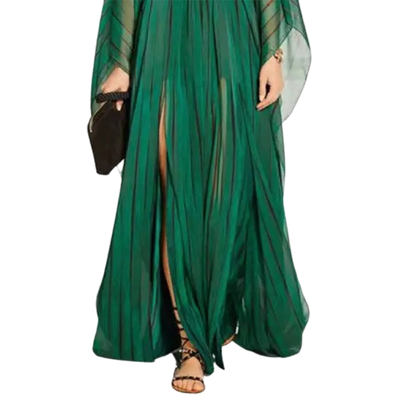 Freeacy Female 2024 New Deep V-Neck Long Sleeves Loose Dress Striped Split-Front Maxi Dresses For Women Elegant Party Dress