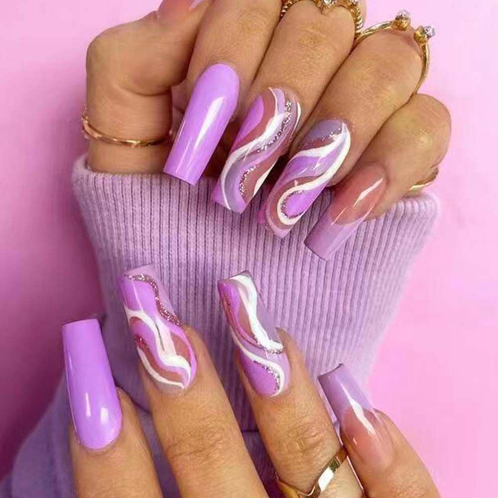 French Ballet False Nails With Gold Foil Glitter Designs Wearable Long Coffin Ballerina Press On Fake Nails Full Cover Nail Tips B4