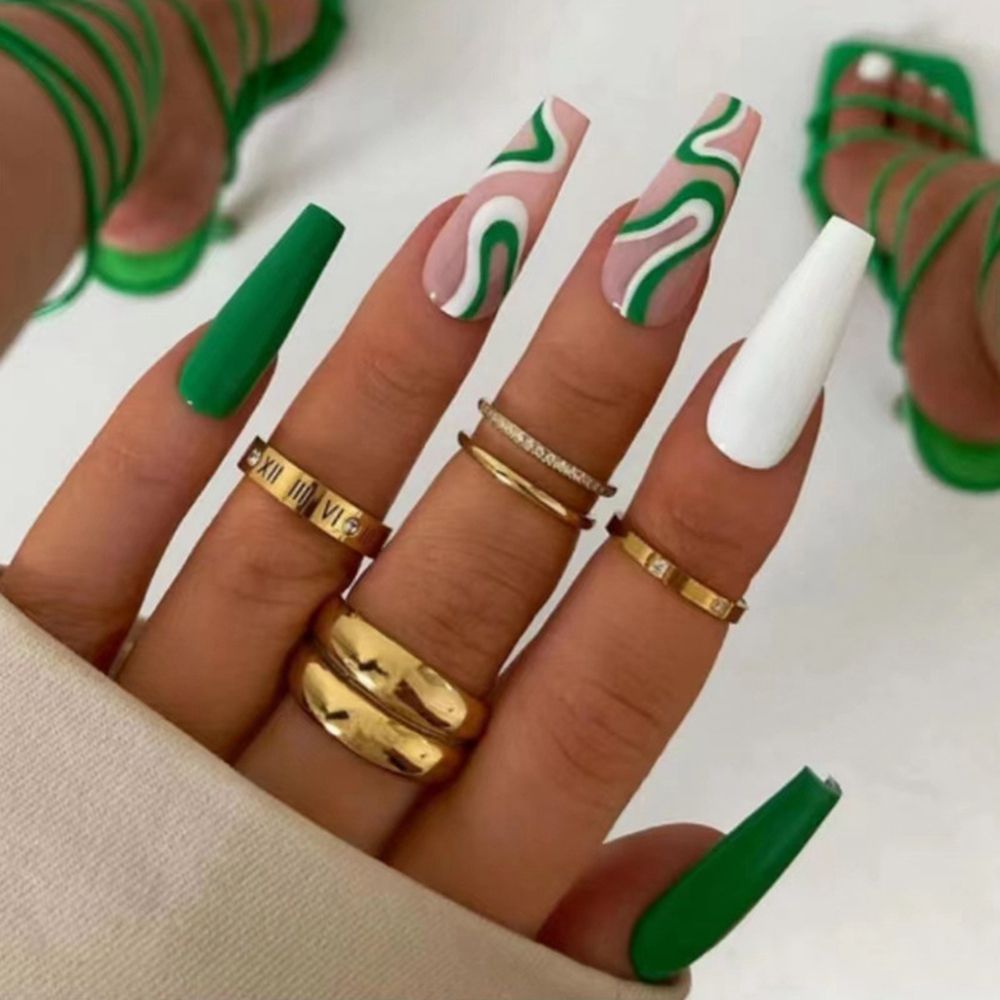 French Ballet False Nails With Gold Foil Glitter Designs Wearable Long Coffin Ballerina Press On Fake Nails Full Cover Nail Tips B10