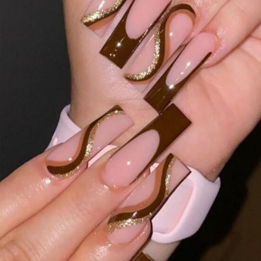 French Ballet False Nails With Gold Foil Glitter Designs Wearable Long Coffin Ballerina Press On Fake Nails Full Cover Nail Tips A3