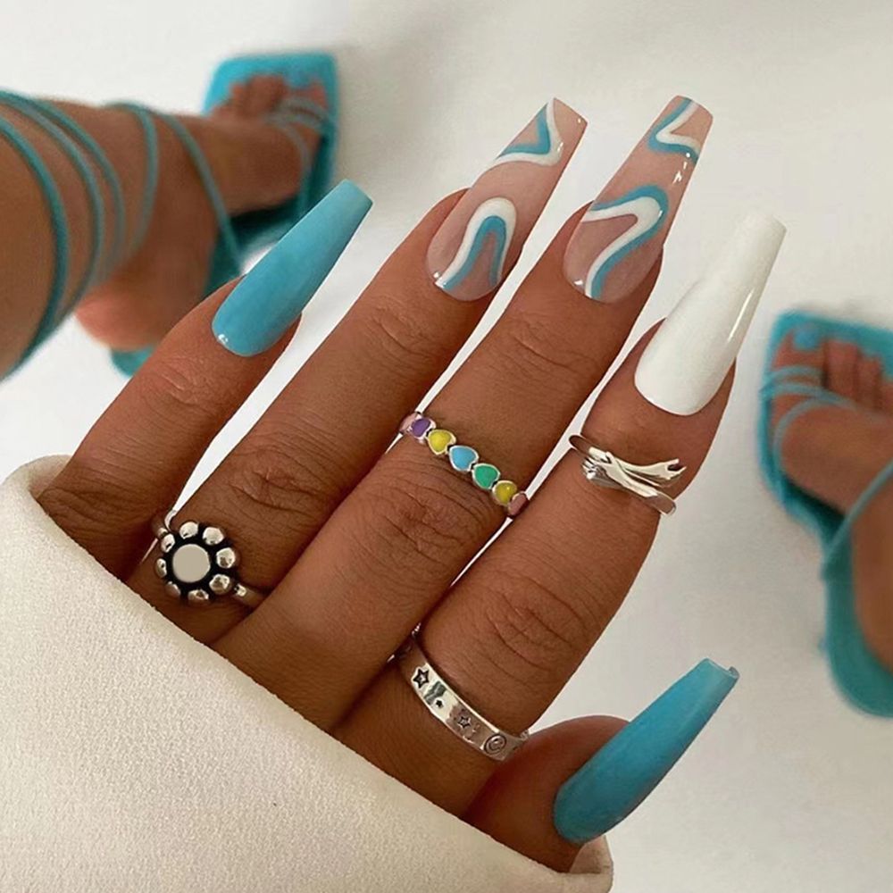 French Ballet False Nails With Gold Foil Glitter Designs Wearable Long Coffin Ballerina Press On Fake Nails Full Cover Nail Tips B3