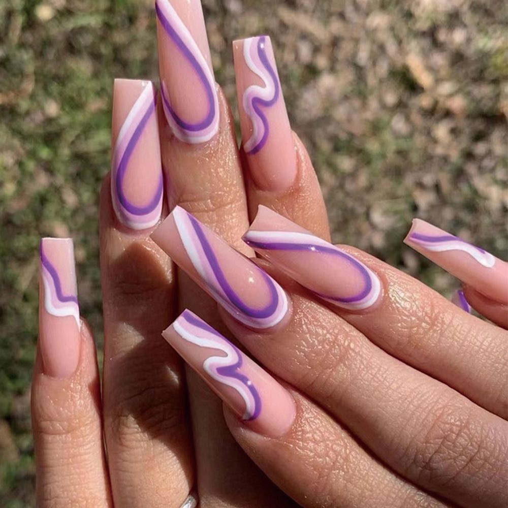 French Ballet False Nails With Gold Foil Glitter Designs Wearable Long Coffin Ballerina Press On Fake Nails Full Cover Nail Tips C1