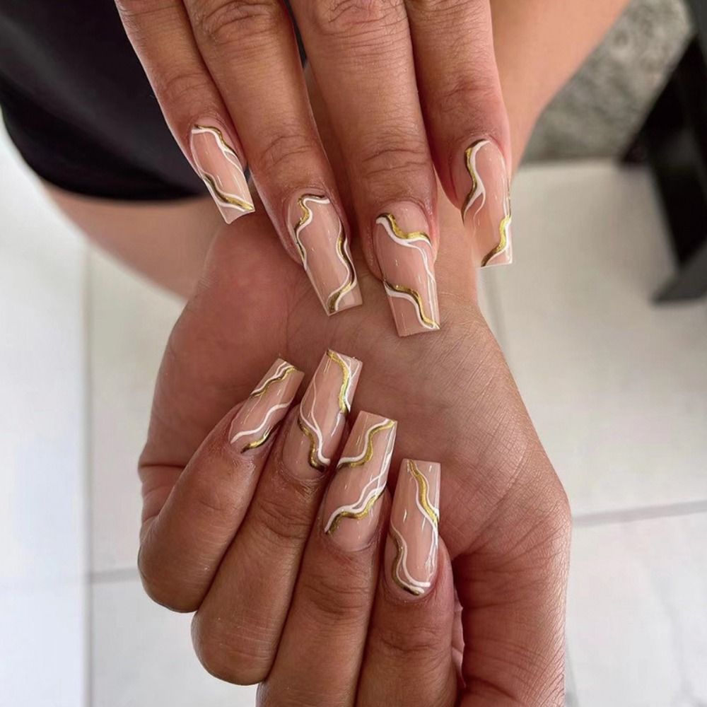 French Ballet False Nails With Gold Foil Glitter Designs Wearable Long Coffin Ballerina Press On Fake Nails Full Cover Nail Tips B1
