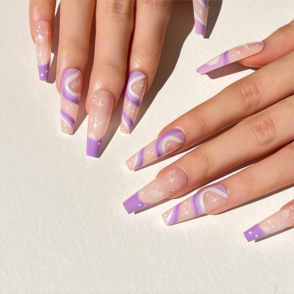 French Ballet False Nails With Gold Foil Glitter Designs Wearable Long Coffin Ballerina Press On Fake Nails Full Cover Nail Tips C5
