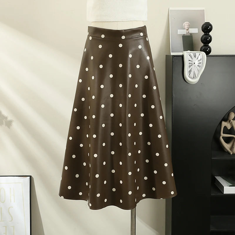 French Chic Long Skirts for Women Dot Print A-line High Waist Female Leather Skirt Elegant Streetwear Autumn Pu Skirt Dropship