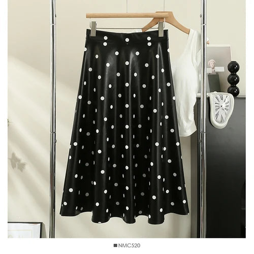 French Chic Long Skirts for Women Dot Print A-line High Waist Female Leather Skirt Elegant Streetwear Autumn Pu Skirt Dropship black