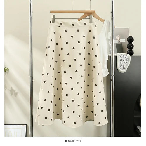 French Chic Long Skirts for Women Dot Print A-line High Waist Female Leather Skirt Elegant Streetwear Autumn Pu Skirt Dropship Apricot