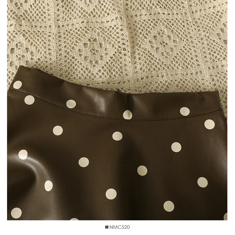 French Chic Long Skirts for Women Dot Print A-line High Waist Female Leather Skirt Elegant Streetwear Autumn Pu Skirt Dropship