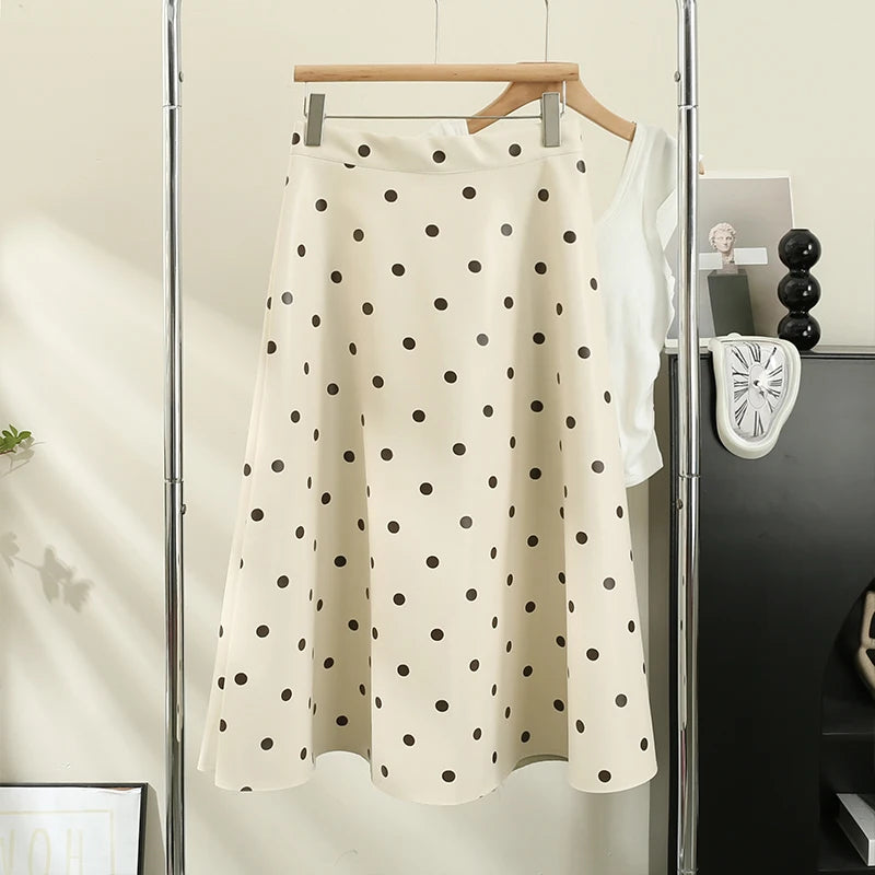 French Chic Long Skirts for Women Dot Print A-line High Waist Female Leather Skirt Elegant Streetwear Autumn Pu Skirt Dropship