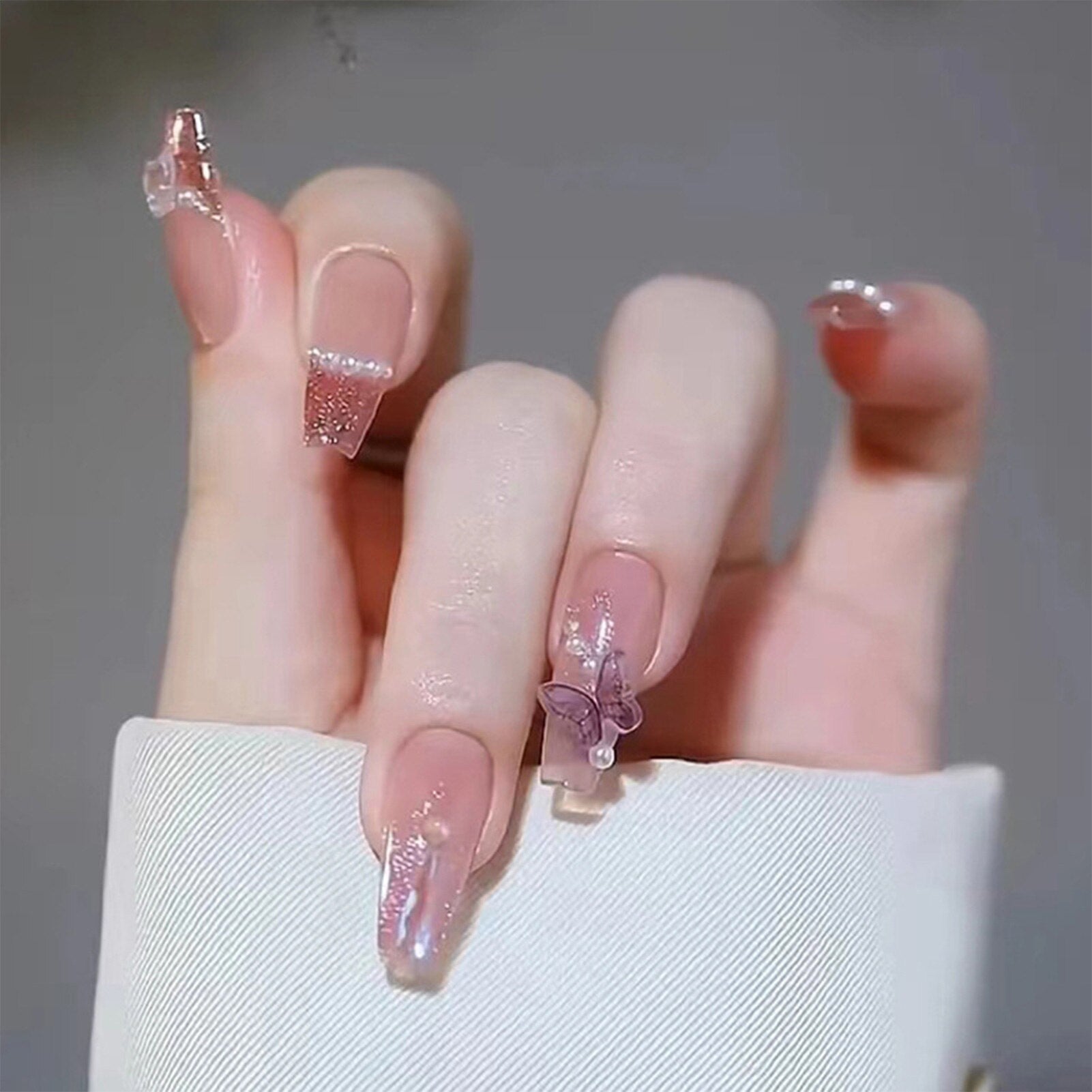 French Style False Nails Glitte Bow Design Fake Nail Patch False Nail Patch Mid Length Coffin Ballerina Acrylic Artificial Nails 1009456