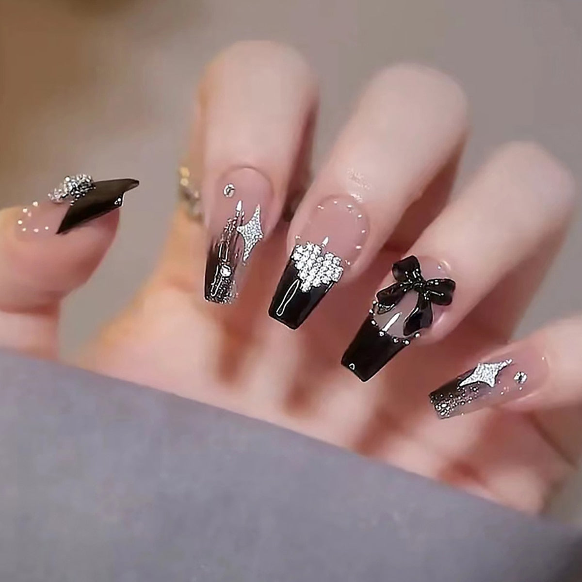 French Style False Nails Glitte Bow Design Fake Nail Patch False Nail Patch Mid Length Coffin Ballerina Acrylic Artificial Nails 707925