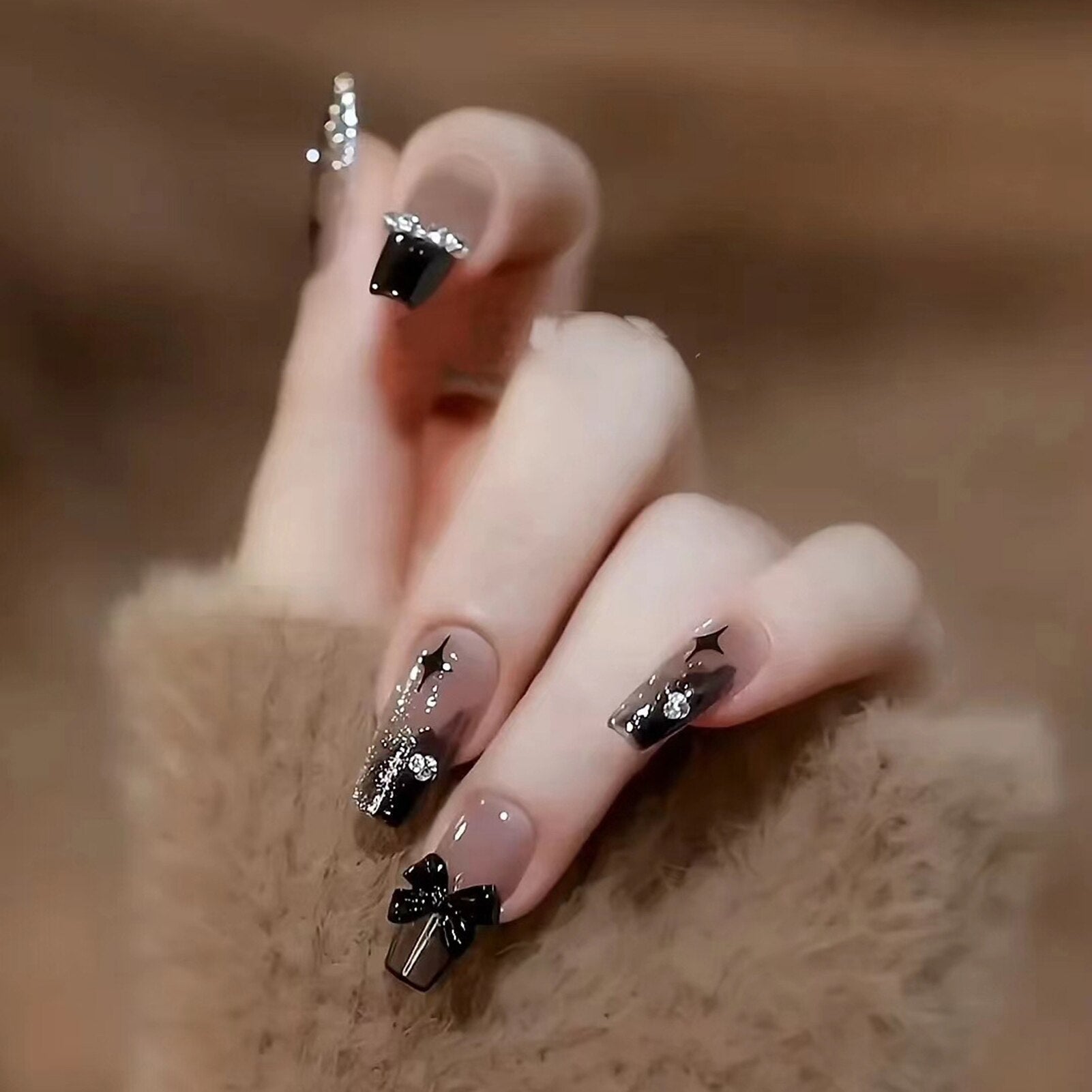 French Style False Nails Glitte Bow Design Fake Nail Patch False Nail Patch Mid Length Coffin Ballerina Acrylic Artificial Nails 786351