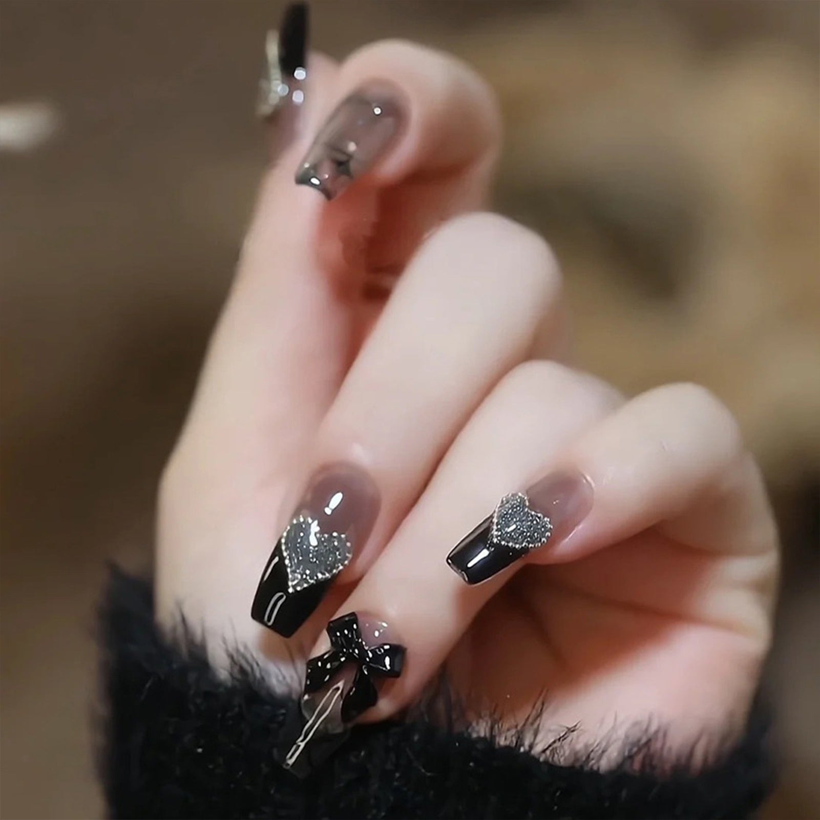 French Style False Nails Glitte Bow Design Fake Nail Patch False Nail Patch Mid Length Coffin Ballerina Acrylic Artificial Nails 789869