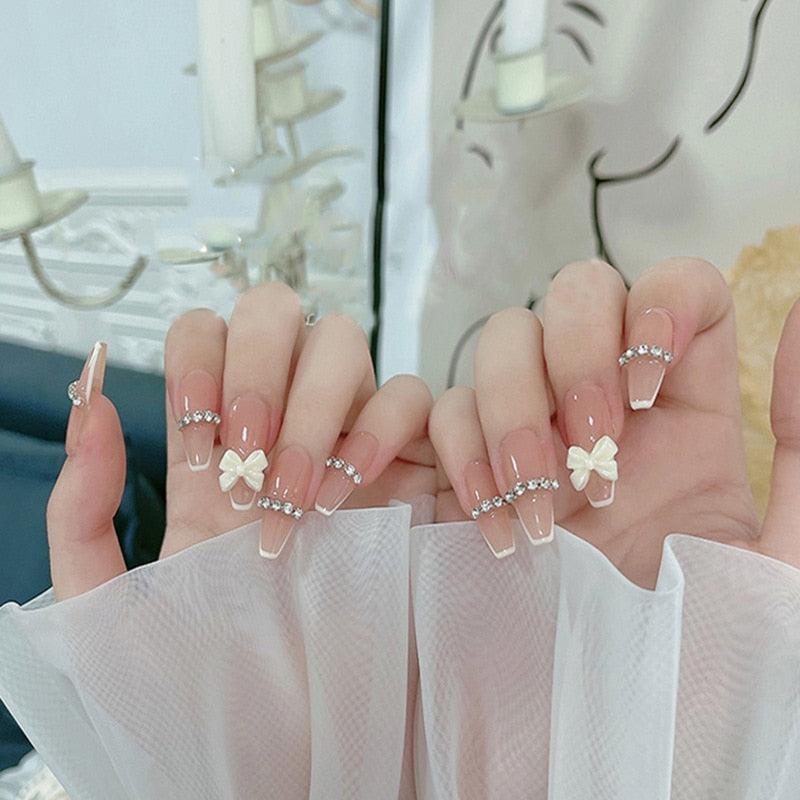 French Style False Nails Glitte Bow Design Fake Nail Patch False Nail Patch Mid Length Coffin Ballerina Acrylic Artificial Nails 346459
