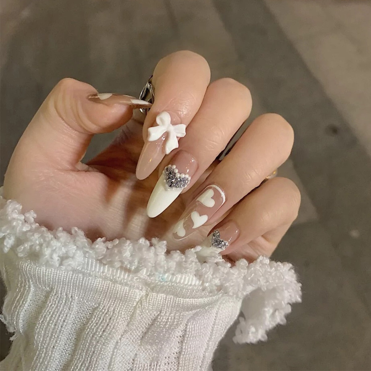 French Style False Nails Glitte Bow Design Fake Nail Patch False Nail Patch Mid Length Coffin Ballerina Acrylic Artificial Nails 351889