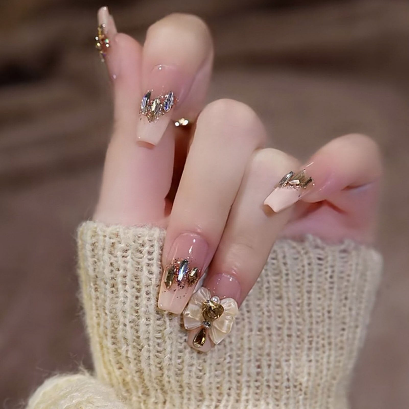 French Style False Nails Glitte Bow Design Fake Nail Patch False Nail Patch Mid Length Coffin Ballerina Acrylic Artificial Nails 787396