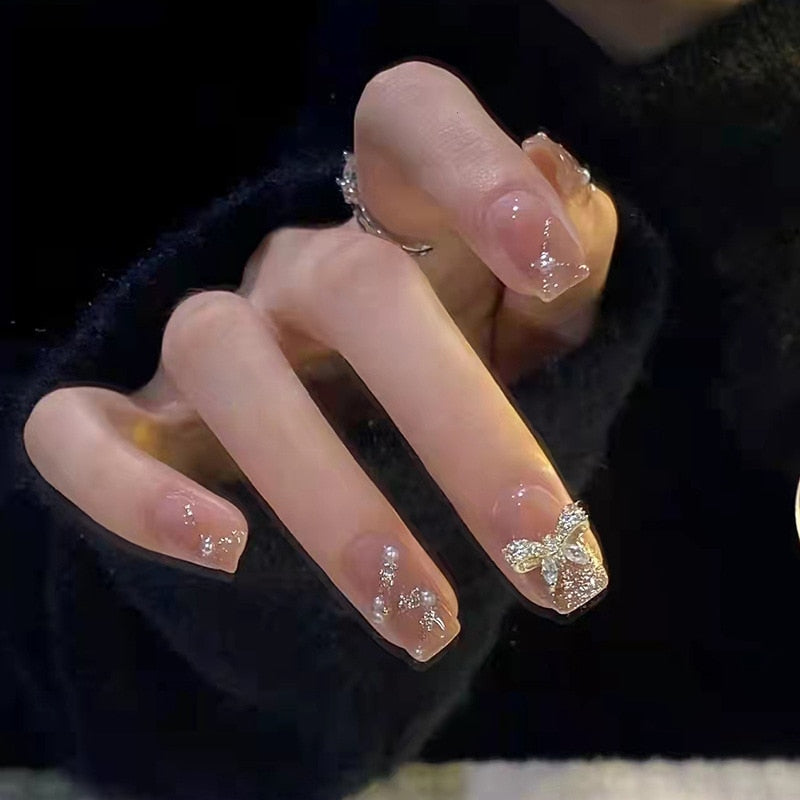 French Style False Nails Glitte Bow Design Fake Nail Patch False Nail Patch Mid Length Coffin Ballerina Acrylic Artificial Nails 390617