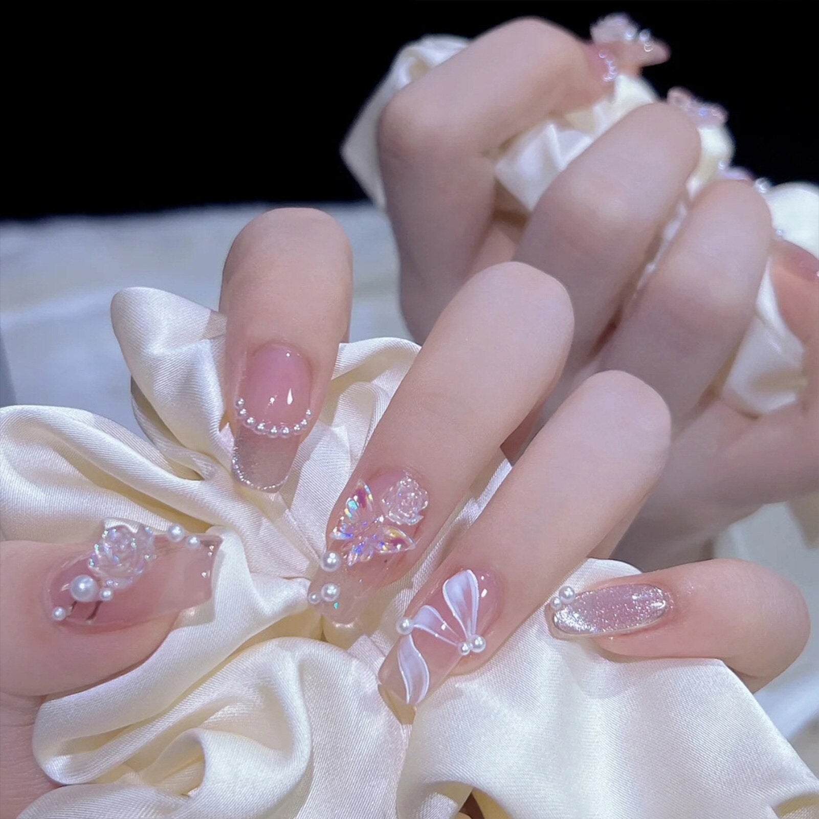 French Style False Nails Glitte Bow Design Fake Nail Patch False Nail Patch Mid Length Coffin Ballerina Acrylic Artificial Nails 1002349