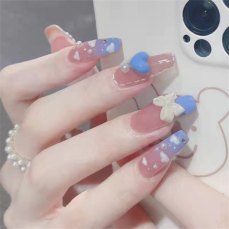 French Style False Nails Glitte Bow Design Fake Nail Patch False Nail Patch Mid Length Coffin Ballerina Acrylic Artificial Nails 365131