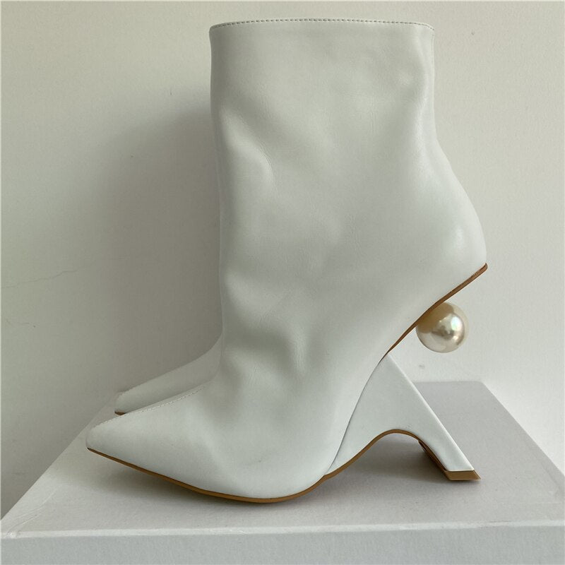 Fretwork Heel Pearl Decor Ankle Boots Women Black Genuine Leather Sexy Point Toe Side Zip Autumn Winter Runway Booties White Boots