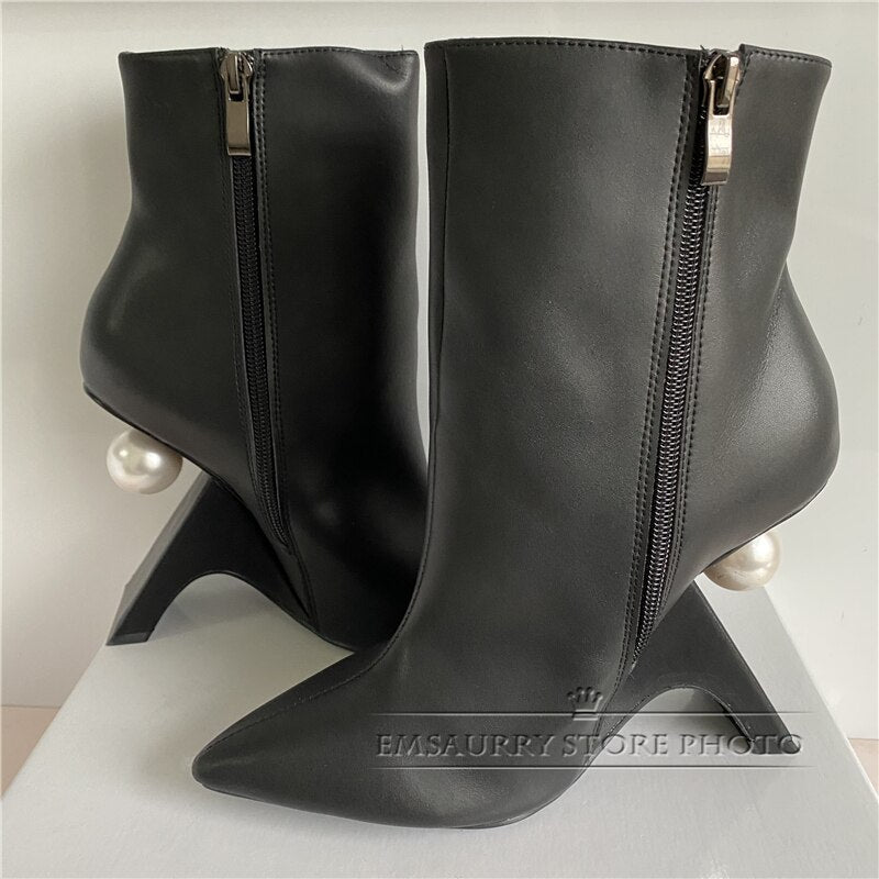 Fretwork Heel Pearl Decor Ankle Boots Women Black Genuine Leather Sexy Point Toe Side Zip Autumn Winter Runway Booties
