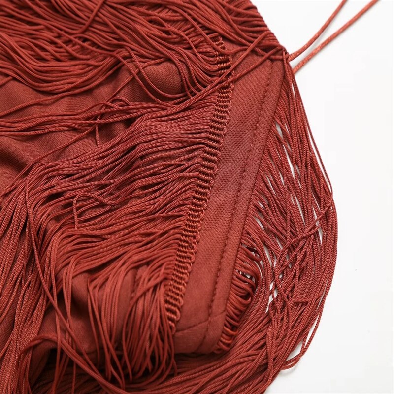 Fringed Slip Midi Dresses For Woman Sexy Backless Luxury Party Dress Woman Vintage Brown Sleeveless Dress Summer Dress