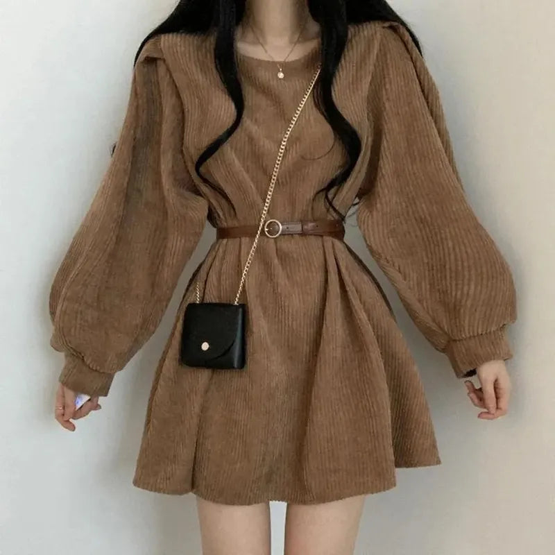 GIDYQ Corduroy Dress Women Vintage Belt Slim Long Sleeve Mini Dresses Fashion Elegant Solid O Neck Chic Streetwear Fall Winter