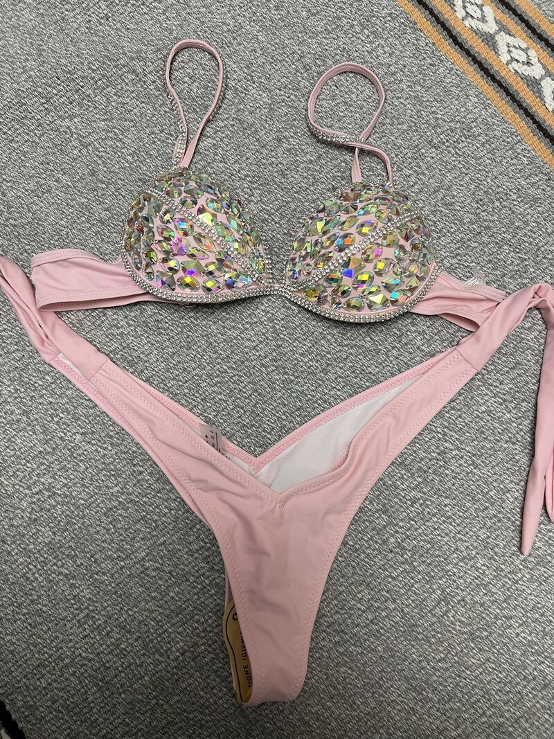 Gathered Rhinestone Triangle Bikini Luxury Crystal Diamond Women's Swimwear Push Up Bandage Thong Swimsuit Biquini Pink