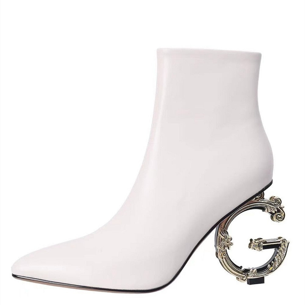 Genuine Leather High Heeled Ankle Boots Luxury Brand Designer Pointed Letter Tube Side Zipper Sexy Fashion 33-46 beige