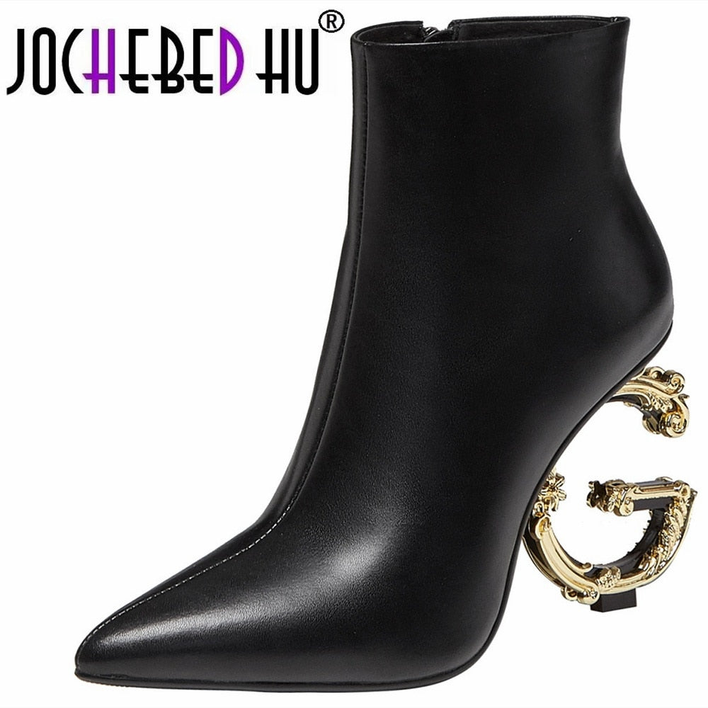Genuine Leather High Heeled Ankle Boots Luxury Brand Designer Pointed Letter Tube Side Zipper Sexy Fashion 33-46