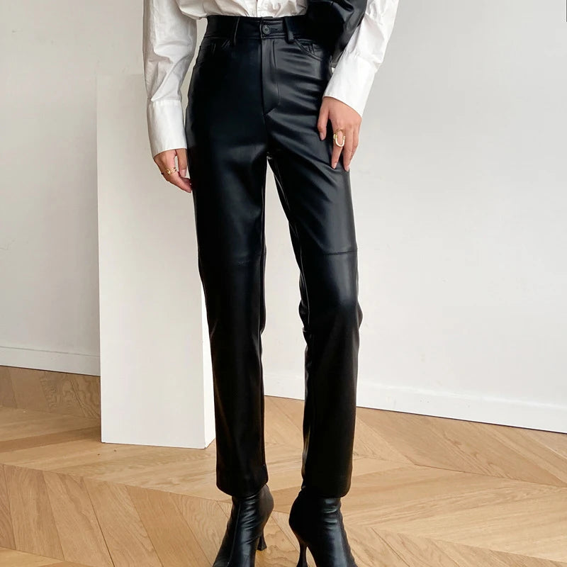 Genuine Leather Straight Leg Pants Women 2023 Autumn Winter High Waist Pockets Sheepskin Pants Chic Casual Ladies Slim Trousers