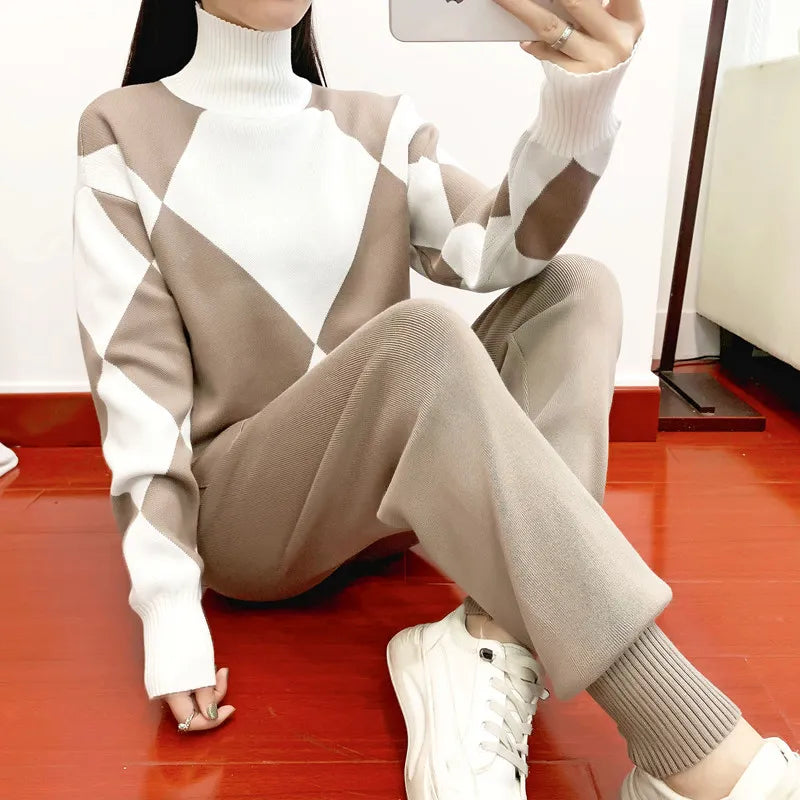 Geomatric Women sweater suits sets Autumn winter thick soft knitted sets pullovers +long Pant Casual 2PCS Track Suits